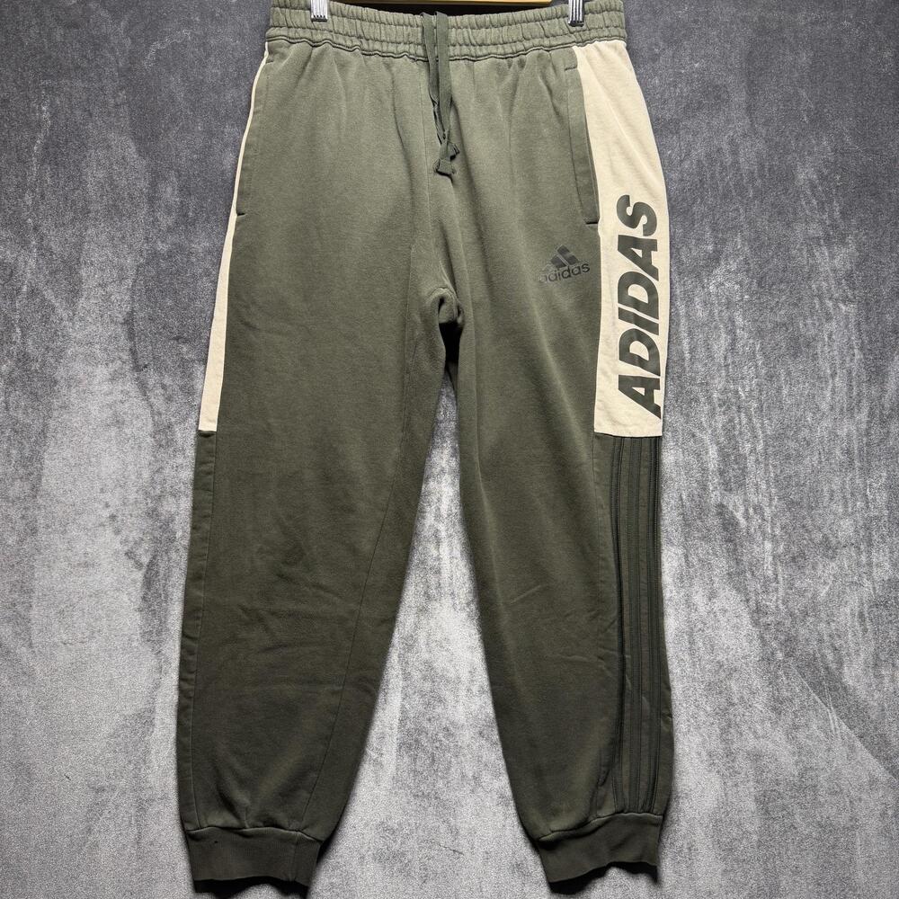 Adidas Jogger Pants Mens Medium Green Fleece Colorblock Side Stripe Logo Cuffed